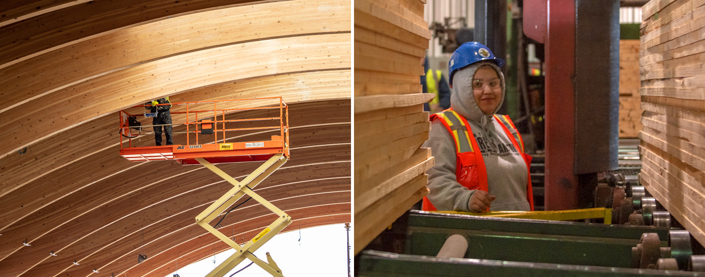 smiling woman milling wood