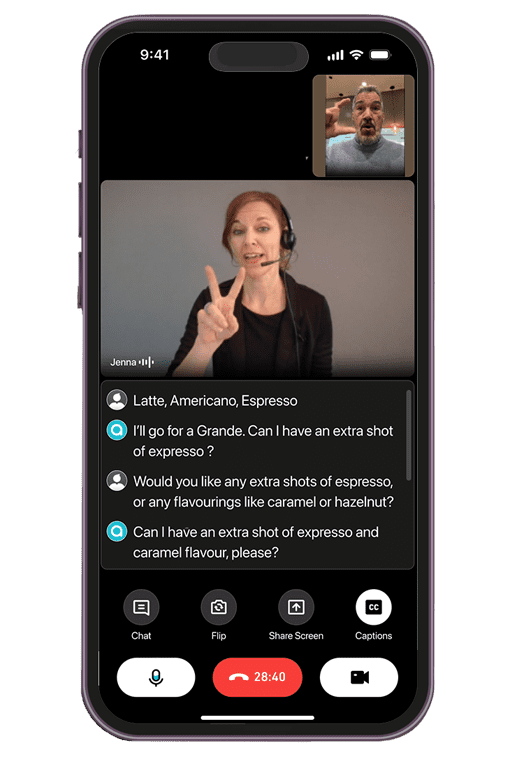 iPhone showing Aira ASL app man and woman signing to each other with written conversation below