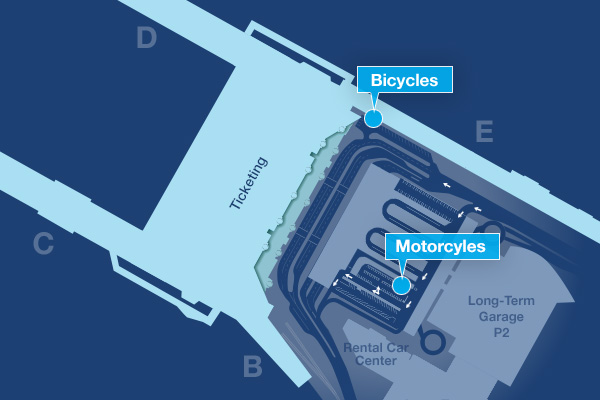 Map showing locations of bicycle and motorcycle parking in the terminal