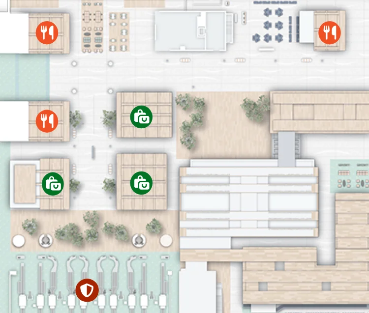 thumbnail of interactive airport map showing security shops and restaurants
