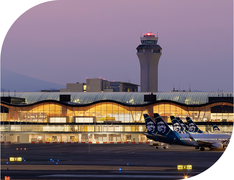 PDX airport with alaska airplanes and control tower