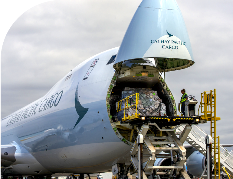 cathay pacific air cargo airplane being loaded with cargo