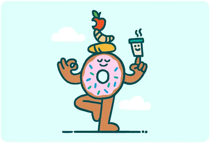 a donut balancing on one leg in a zen pose with coffee on one finger and various food on its head