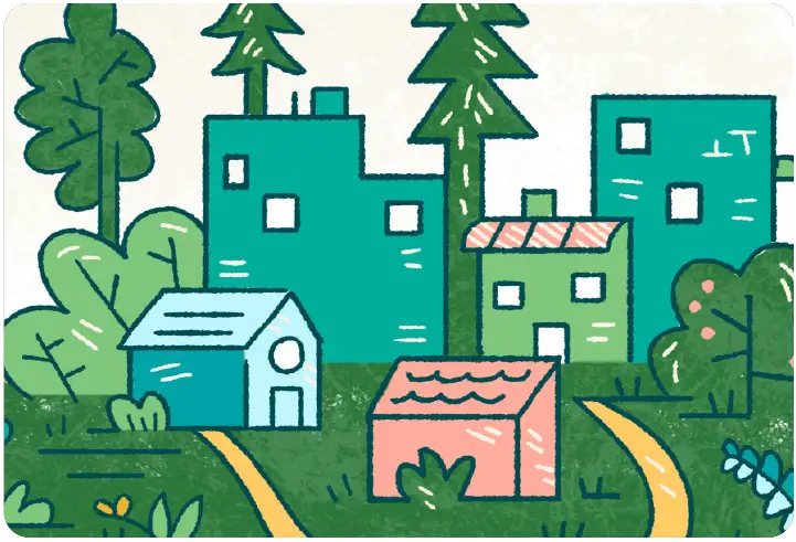 cityscape with trees and playful colors