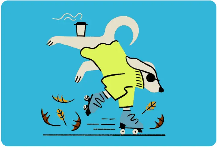 dog with forelegs on roller skates balancing a coffee on his hind leg