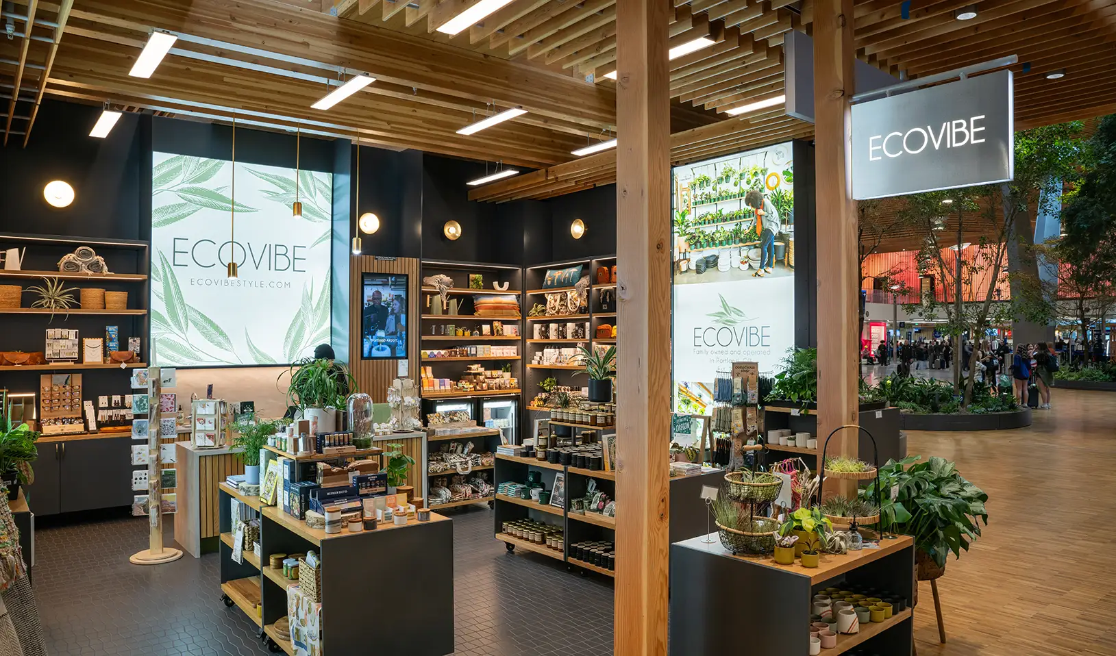 Ecovibe is a houseplant and gift store that has two back-illuminated signs and a shingle-style sign pictured within the shot