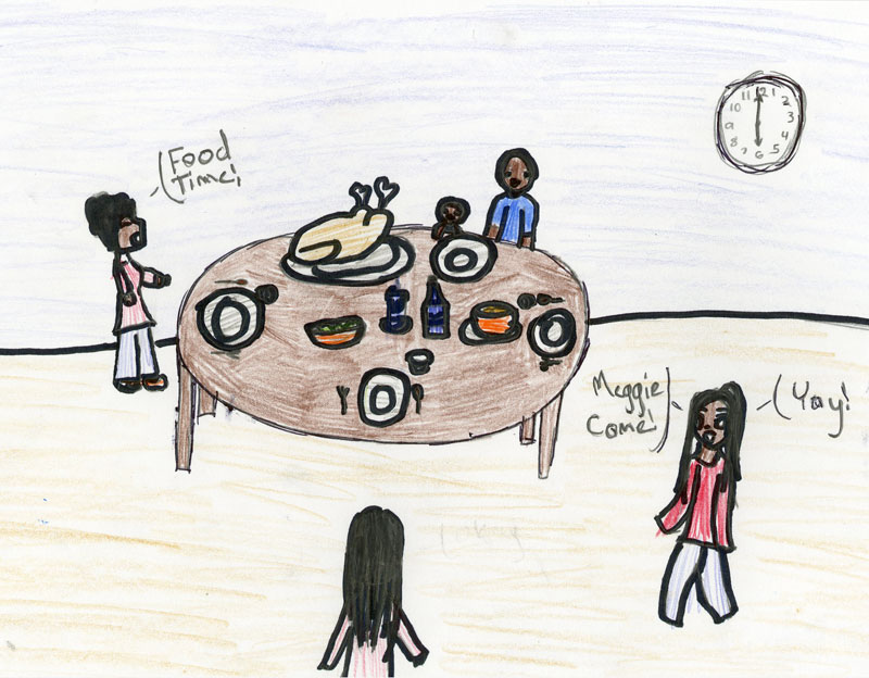 Bektu's drawing of family at dinner table