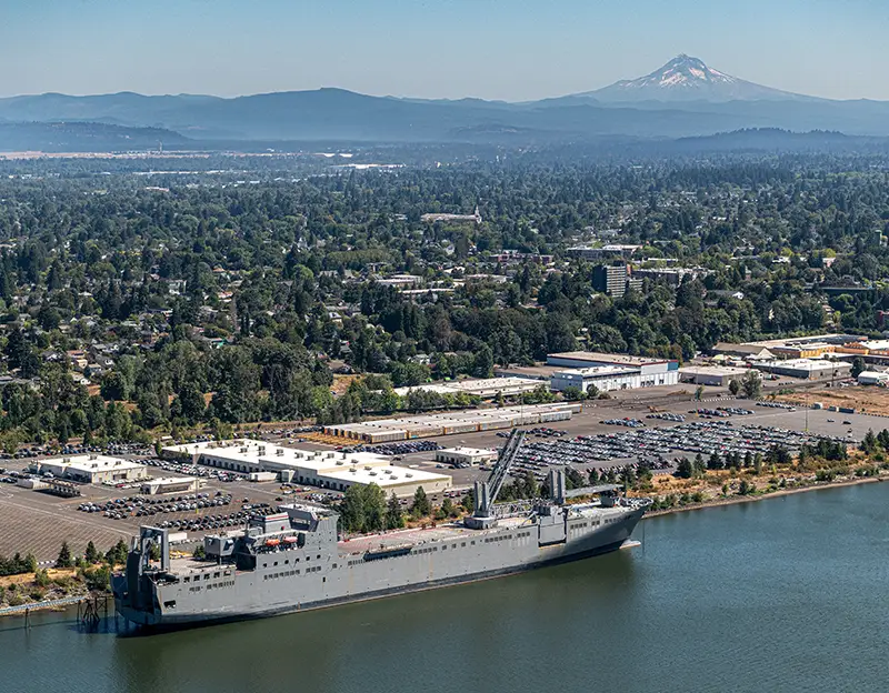 Aerial of layberth at terminal 4 with Mt. Hood in the background