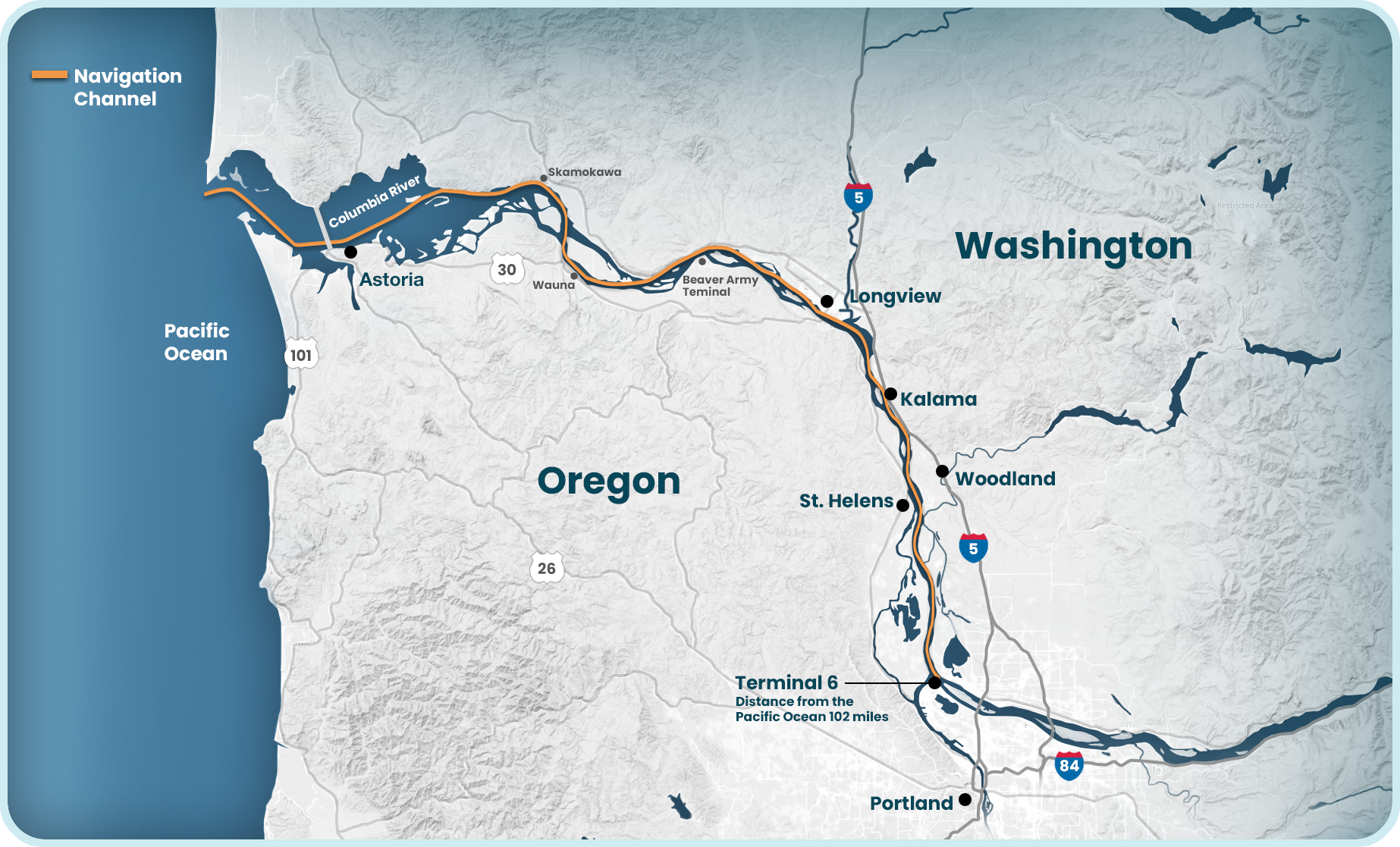 map showing navigation channel from the Pacific Ocean to Terminal 6 along the Columbia River