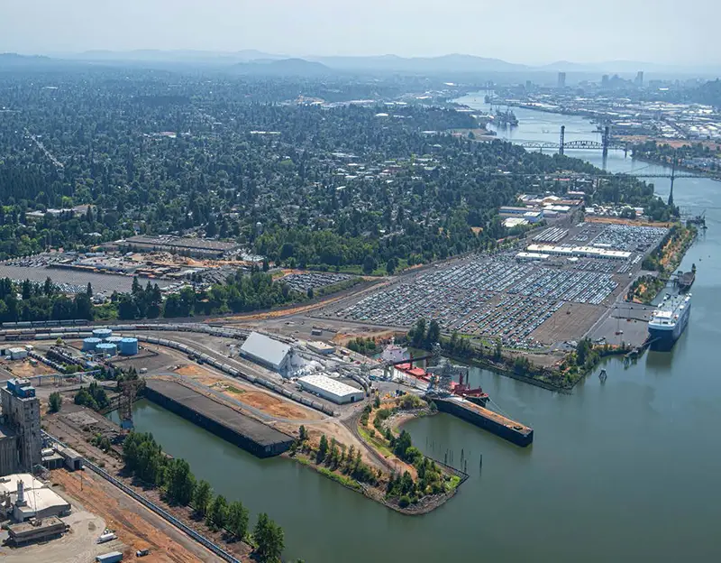 aerial of Terminal 4 on the Willamette river shows drybulk and Toyota areas