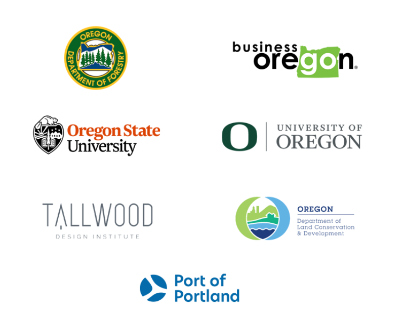 Logos of Oregon Department of Forestry, Business Oregon, Oregon State University, University of Oregon, Tallwood Design Institute, Oregon Department of Land Conservation and Development, and Port of Portland