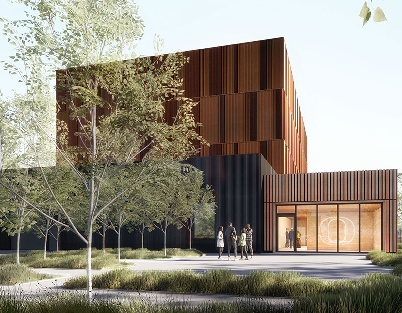 Rendering of University of Oregon facility shows mixed use scholastic and industrial facility surrounded by trees