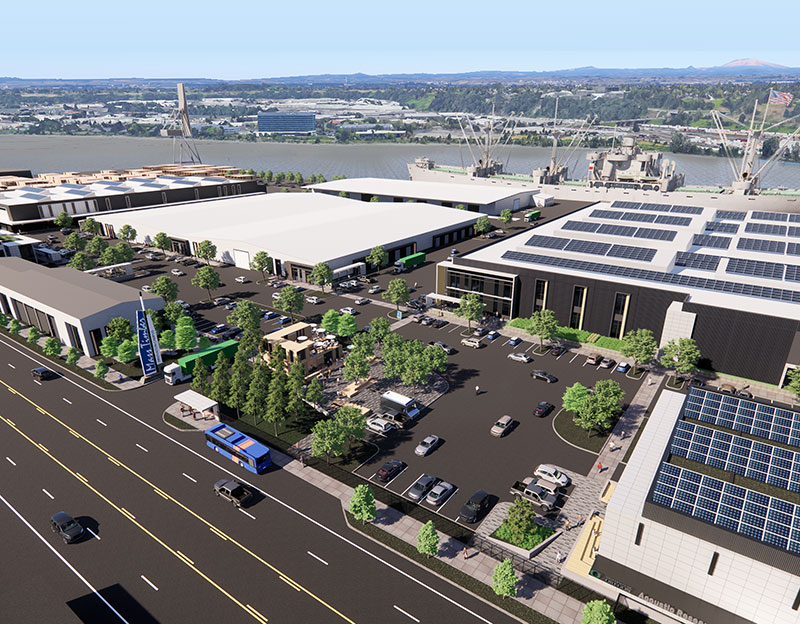 Rendering aerial of Mass Timber Housing Innovation Campus with bus stop and buildings covered in solar panels