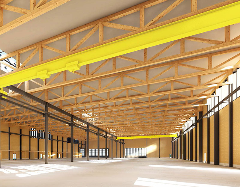 rendering of Zaugg facility shows warehouse space with timber beams