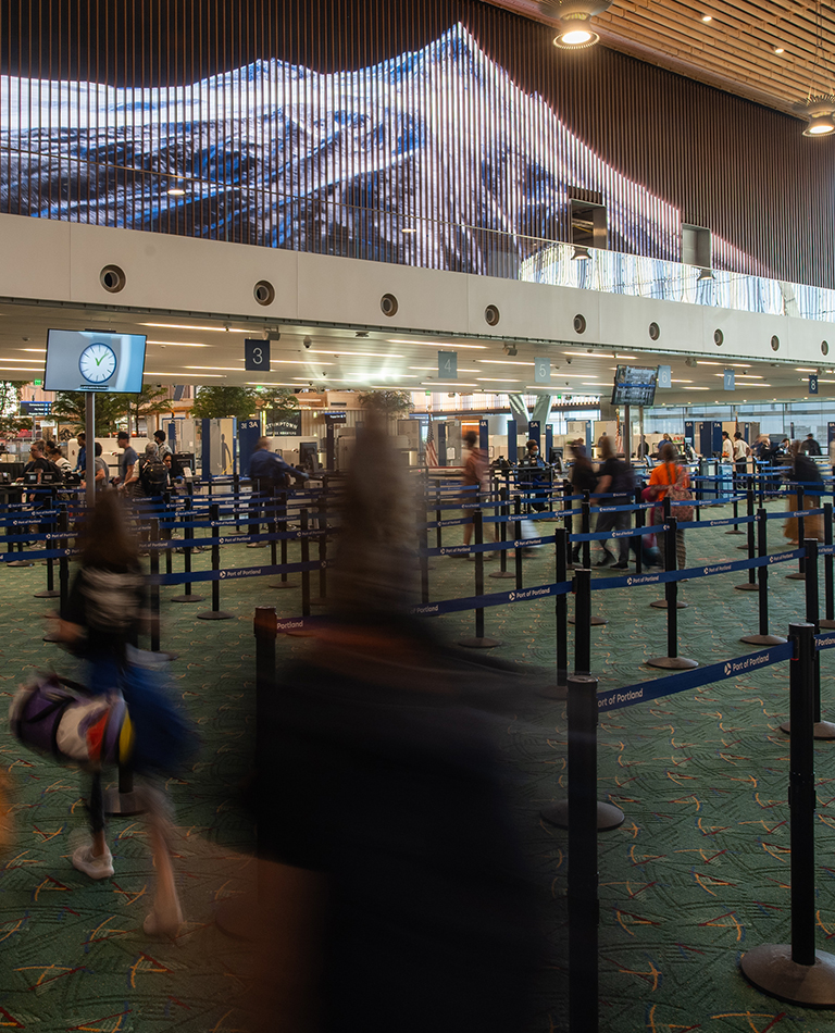 video walls show mountain imagery above busy TSA checkpoint