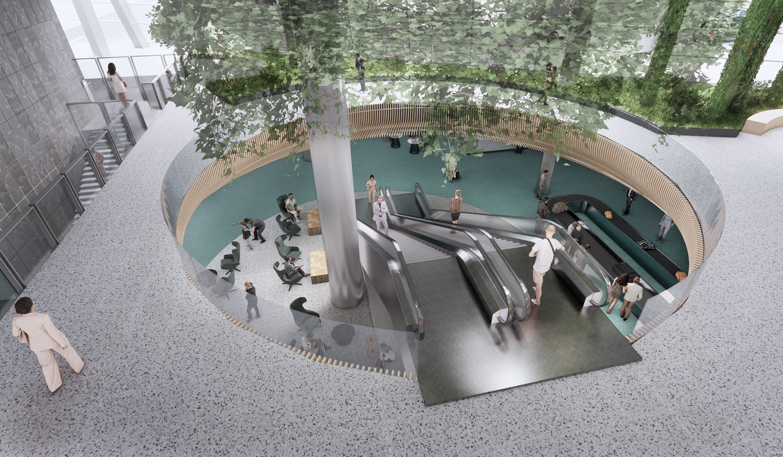 architectural rendering of large circular opening with escalators to baggage claim