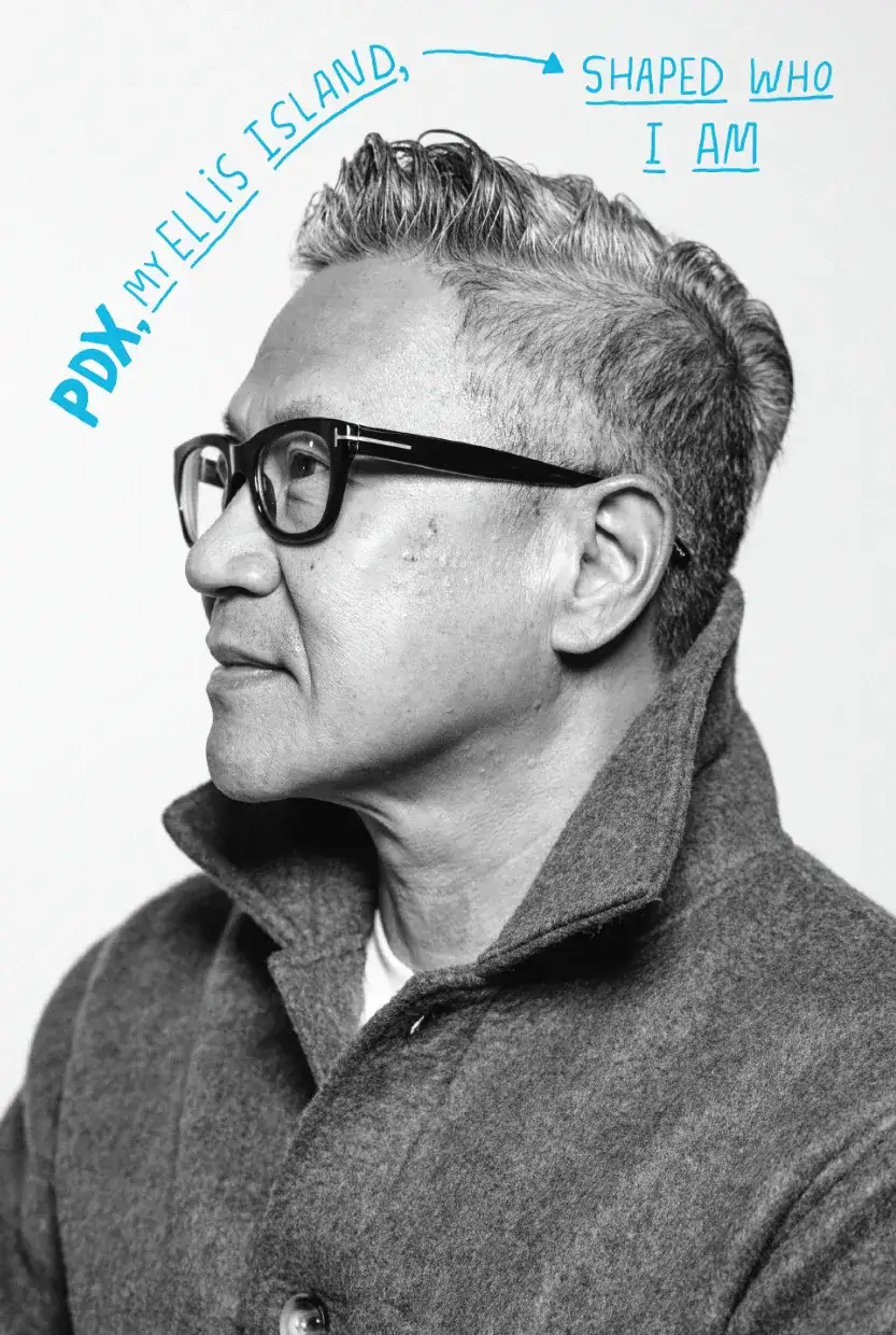 portrait of Gene says PDX my Ellis Island shaped who I am