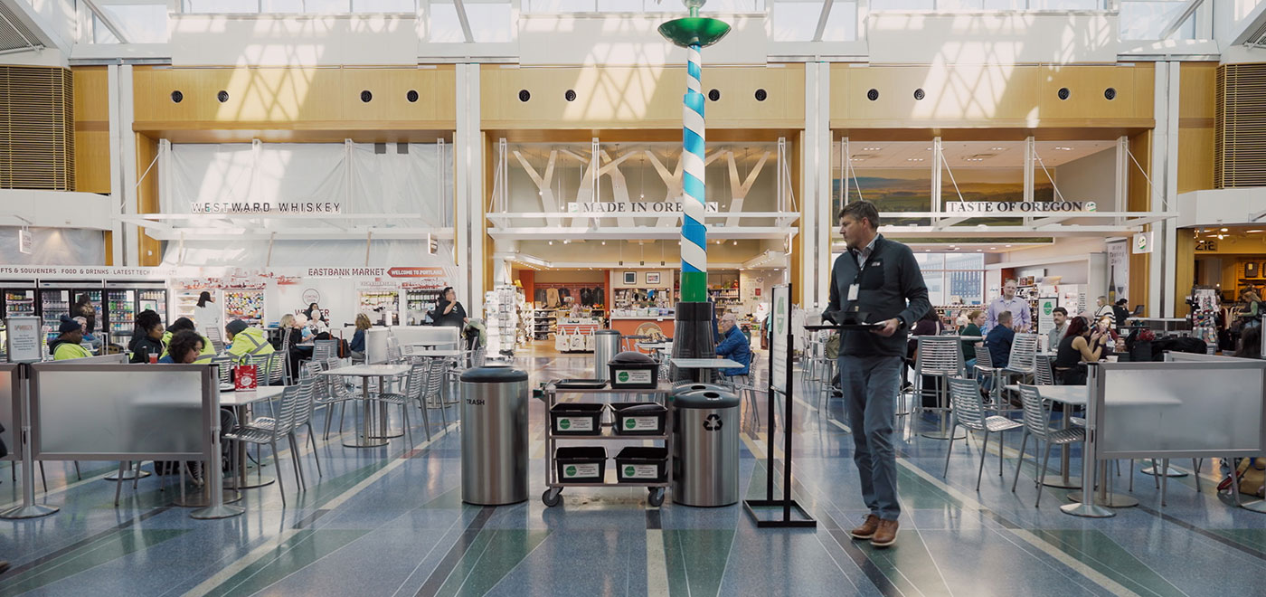 A white man is walking his tray and reusable bowl to the bus station for the Green Plate Program