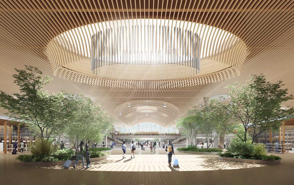 An architectural rendering shows the new main terminal filled with plants, trees and natural light when it opens in 2025