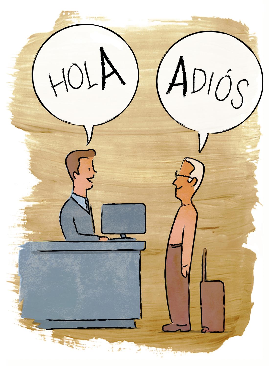 illustration of passenger saying adios to gate agent saying hola