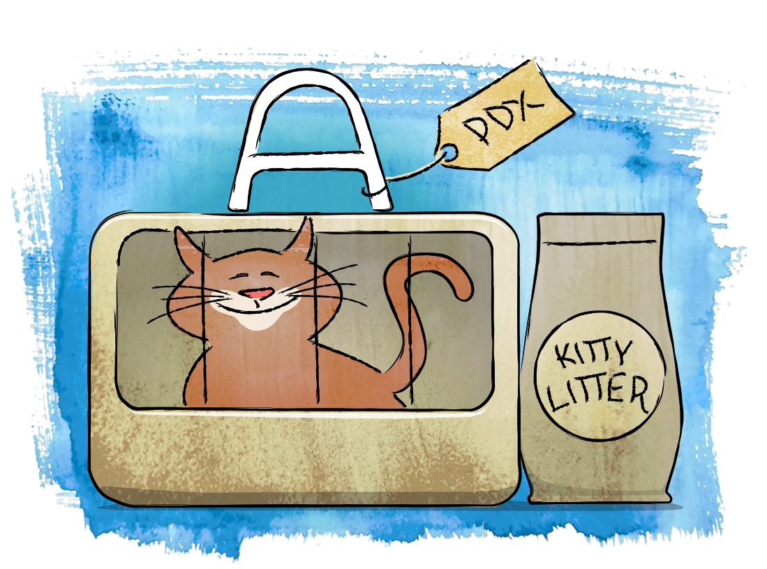 illustration of cat in carrier marked PDX with kitty litter