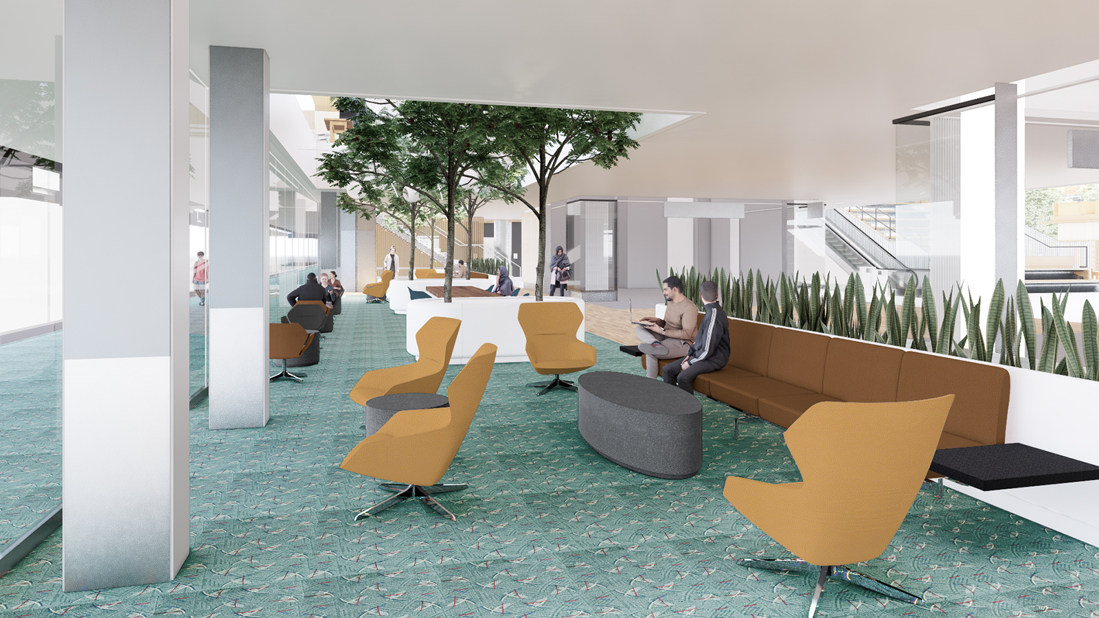 rendering of couches and armchairs near the concourse connector