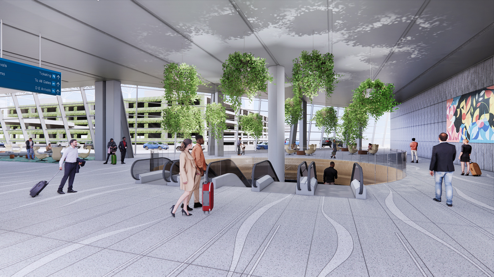 rendering of large circular opening with escalators to baggage claim