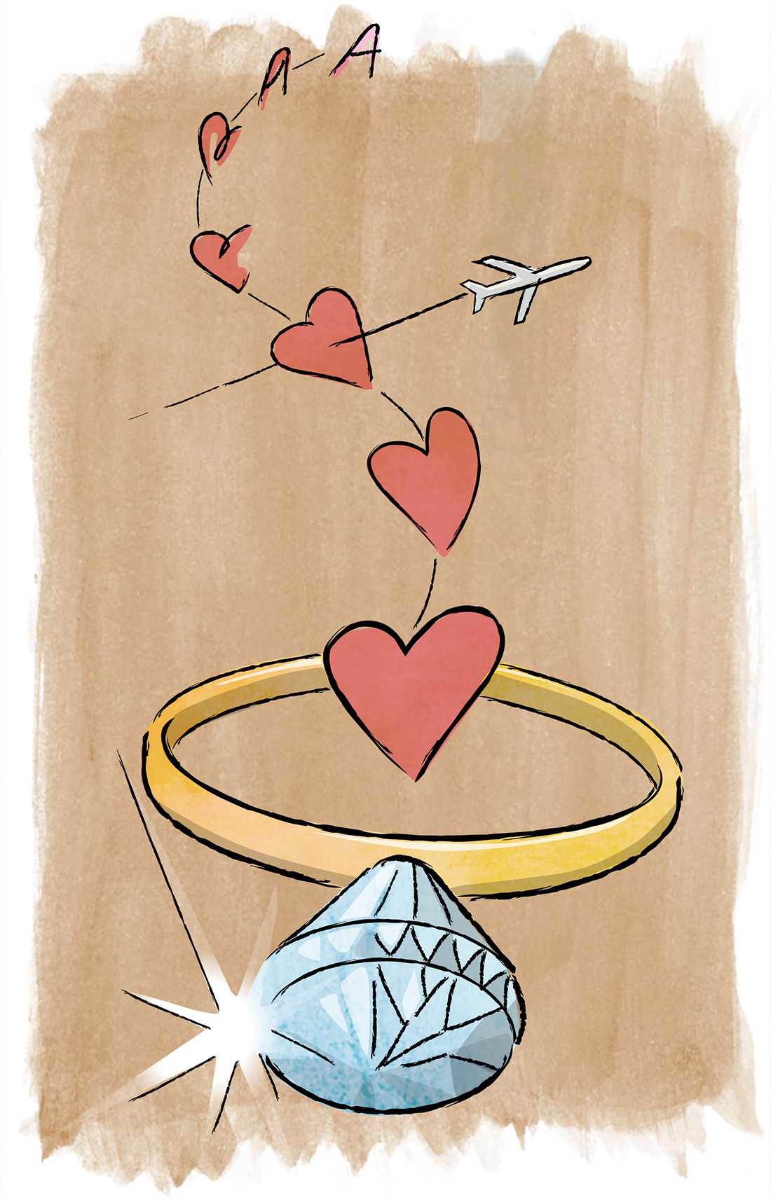 illustration of engagement ring with trail of hearts and airplane flying through